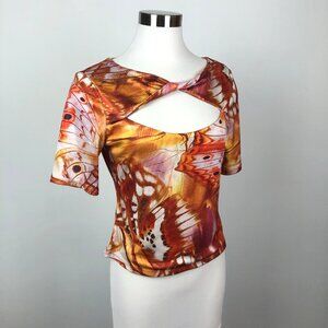 Guess Butterfly Print Shiny Fairy Cutout Chest Keyhole Stretch Blouse Top L